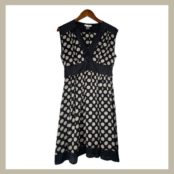 Black White Polka Dot Silk Dress Sleeveless Knee Length Tie Waist Saks Size 6 - Picture 1 of 12